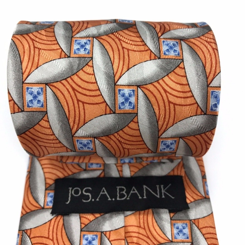 Jos A Bank Tie 100% Silk Geometric Orange Blue Gray Business Men's Necktie 58"